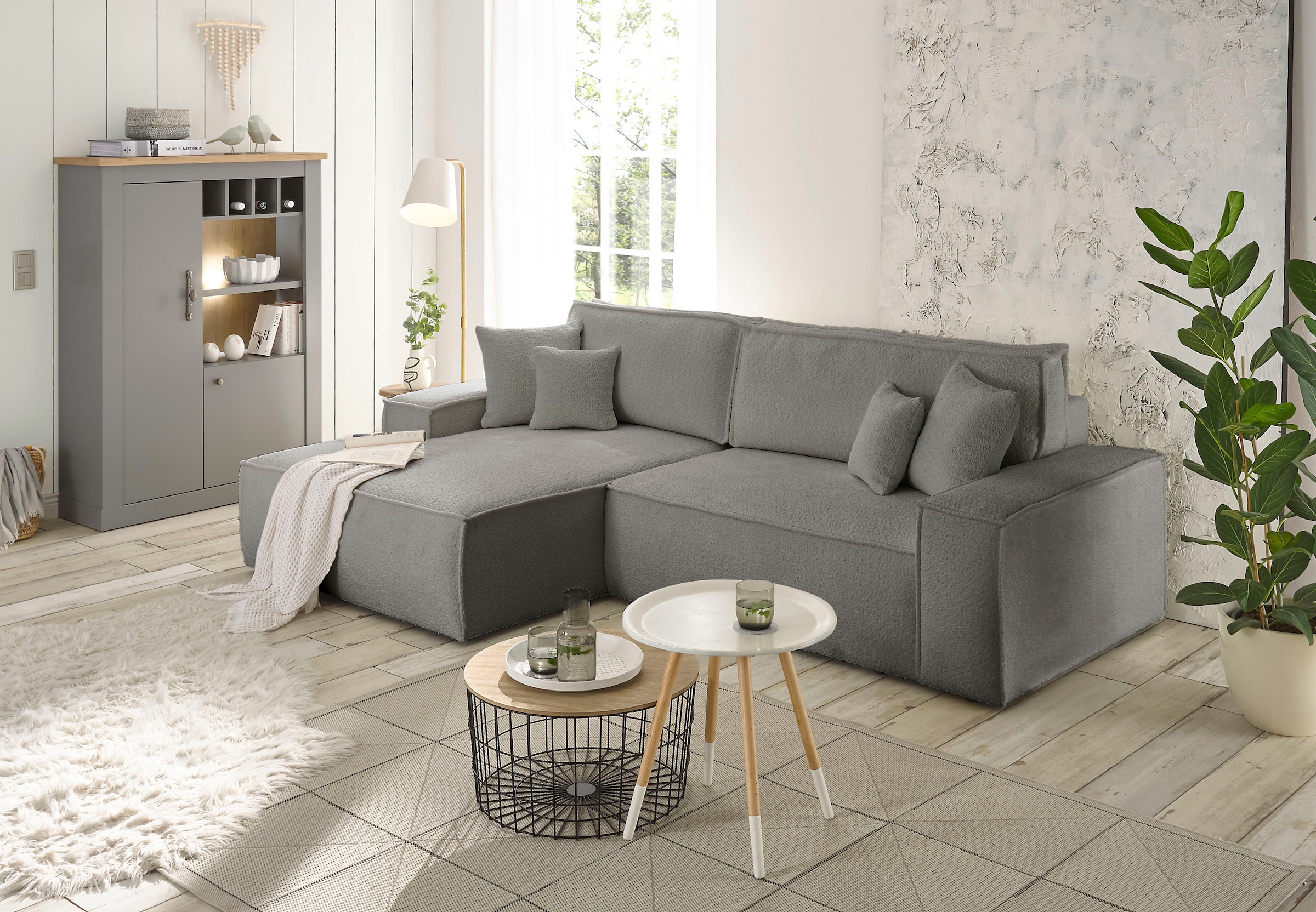 GOODproduct Ecksofa »FINNLEY Schlafsofa 267 cm, L-Form mit Schlaffunktion & Bettkasten« verfügbar in den Stoffqualitäten Bouclé, Struktur fein und Mega Cord