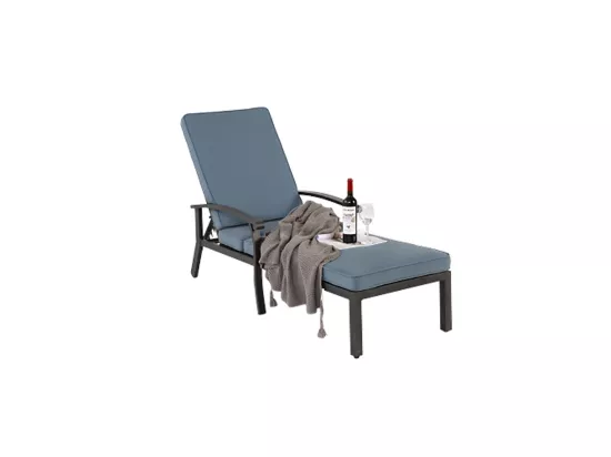 Chaise longue de jardin 1 pièce avec coussin bleu imperméable en coton inclinable et réglable structure aluminium antirouille transat piscine extérieur