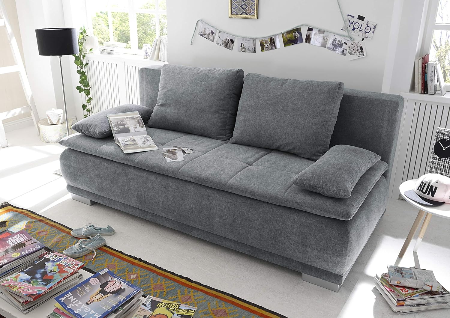 Stella Trading LUIGI Bequemes Schlafsofa mit Bettkasten, Stoffbezug Anthrazit - Klappbares Sofa mit Schlaffunktion und fest vernähtem Schaumtopper - 211 x 93 x 103 cm (B/H/T)