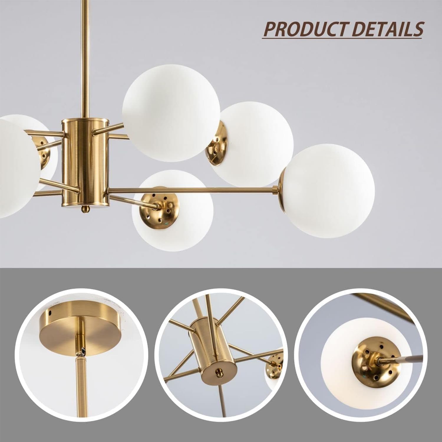 KCO Lighting 8-flammiger Sputnik-Kronleuchter aus Weißem Glas, Moderne Goldene Sputnik-Kronleuchter für das Wohnzimmer, Goldene Vintage-Pendelleuchte mit 8 Lichtern für die Kücheninsel