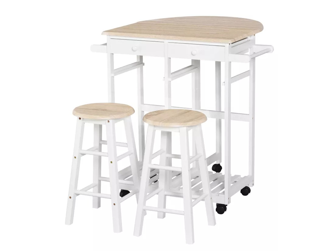 Ensemble table de bar pliable sur roulettes avec étagère et 2 tiroirs + 2 tabourets bois pin MDF blanc chêne clair
