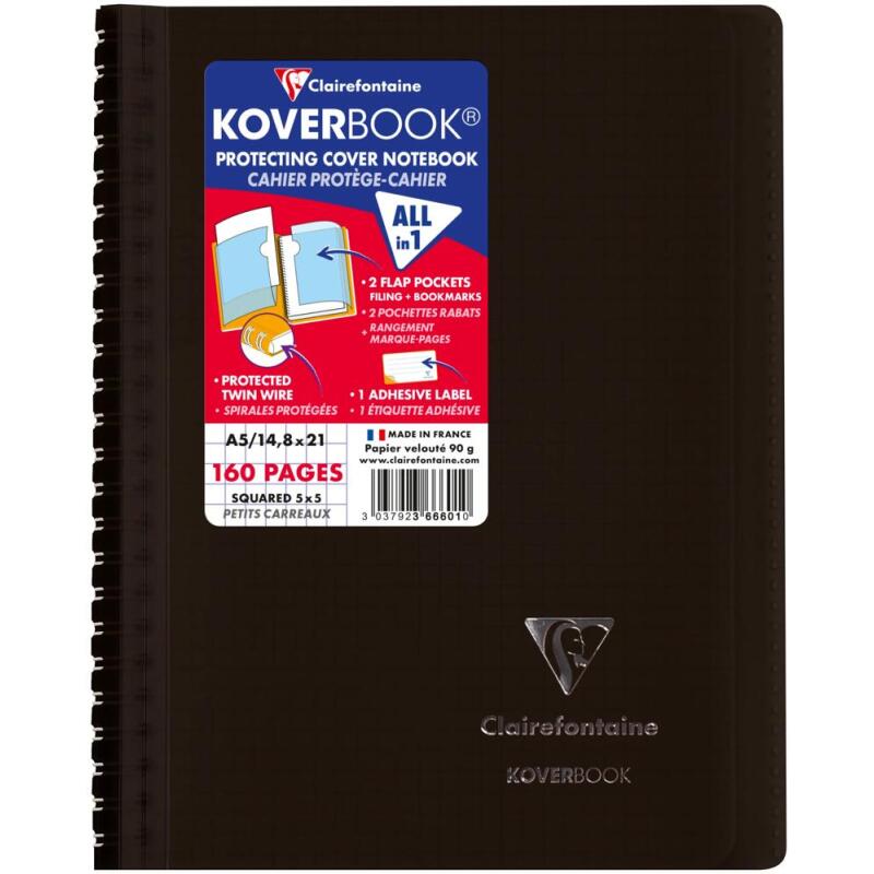 Carnet reliure intégrale enveloppante Koverbook A5 160 pages petits carreaux couverture polypropylène transparent - Assortis