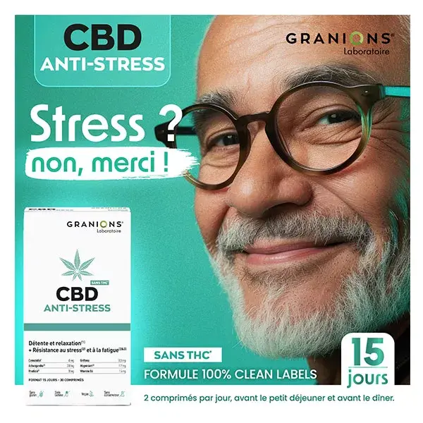 Granions CBD Anti-Stress - Canabidiol + Ashwagandha - Sem THC - 30 Comprimidos