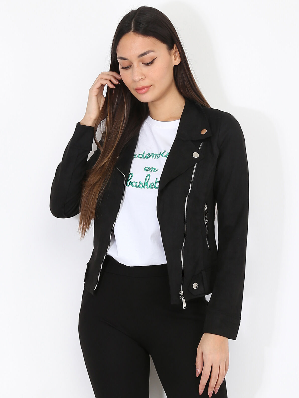 Blouson biker zippé en suédine- Noir