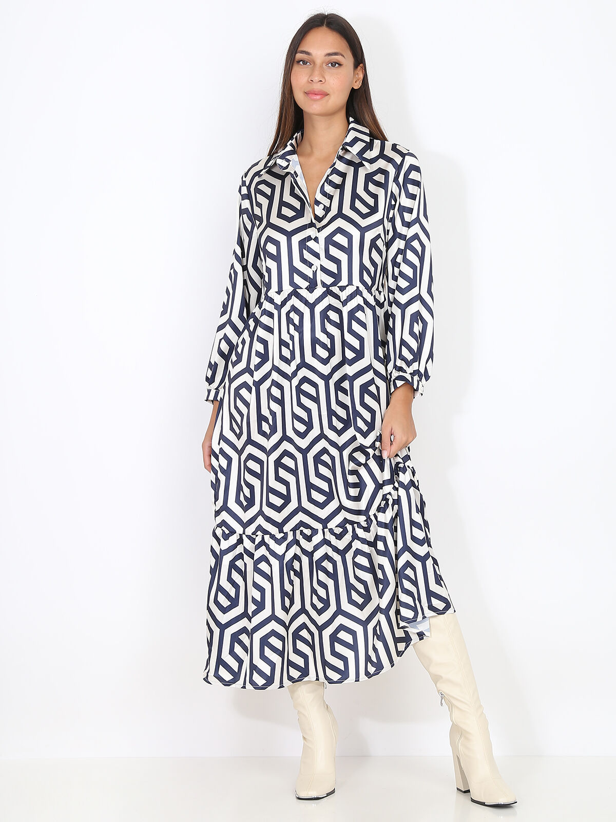 Robe longue évasée à motif rétro- Bleu marine