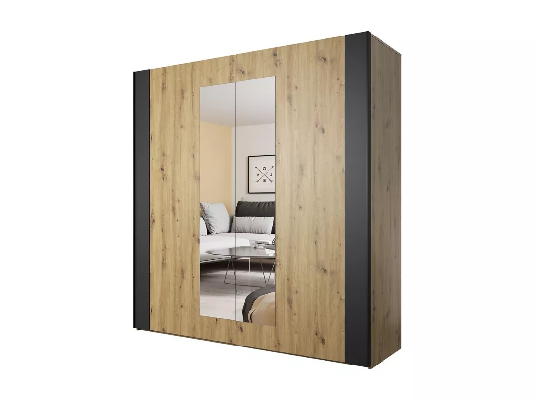 Chambre compléte FOX : Lit coffre 180x200, Armoire, commode, chevets, chêne clair et noir