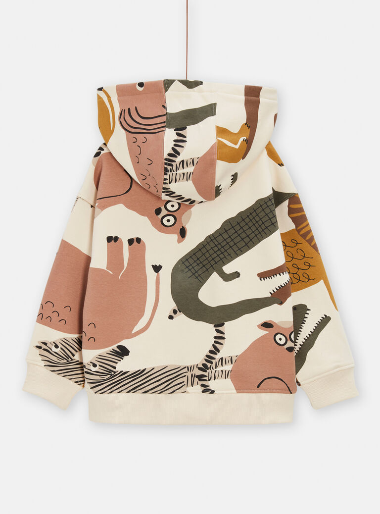 Sweat écru à capuche animation savane pour garçon