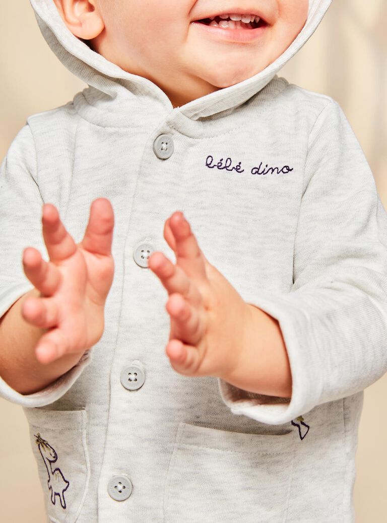 Cardigan en molleton beige chiné à capuche et à broderies animaux fantaisie