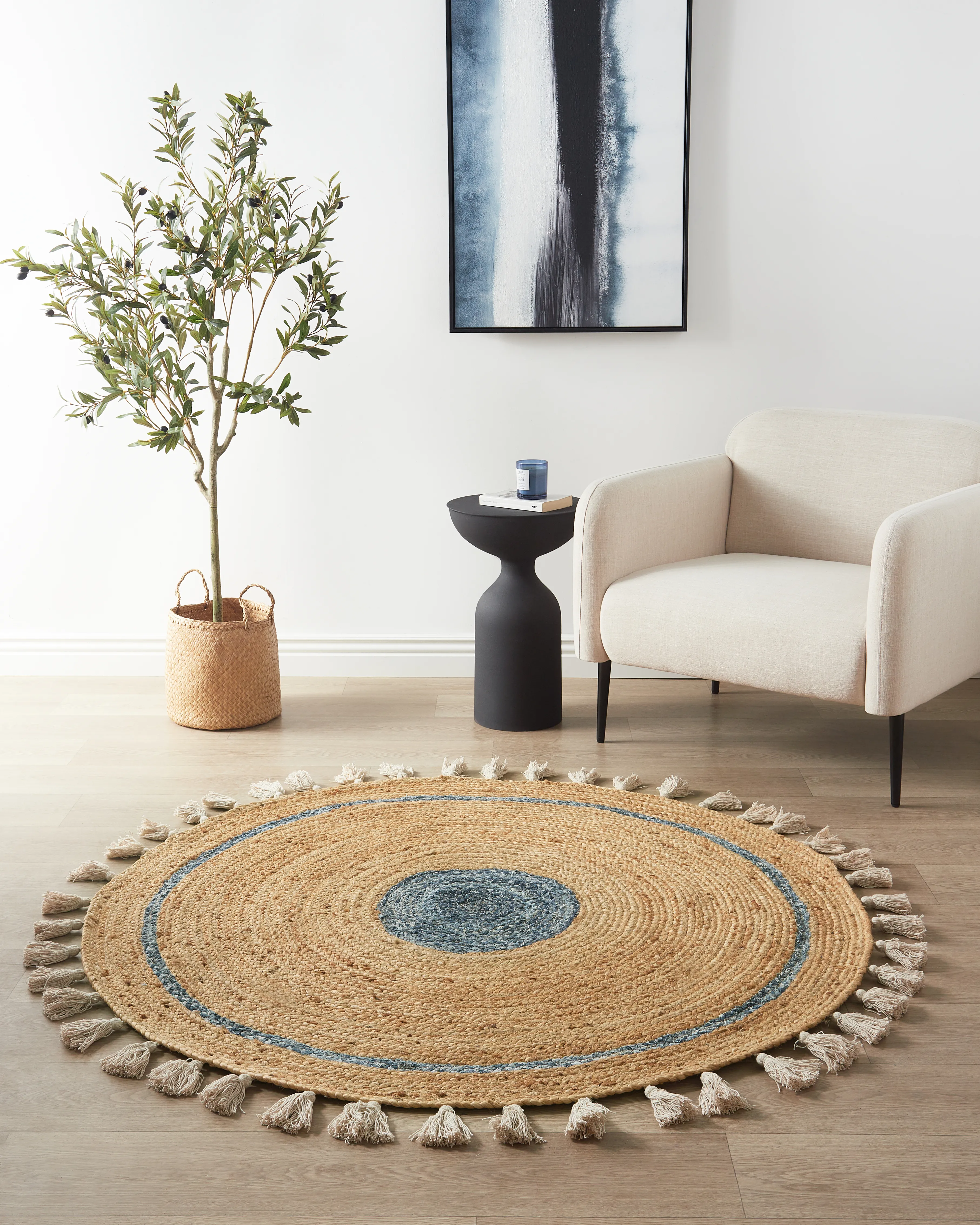 Vloerkleed OBAKOY Blauw ø 140 cm Jute