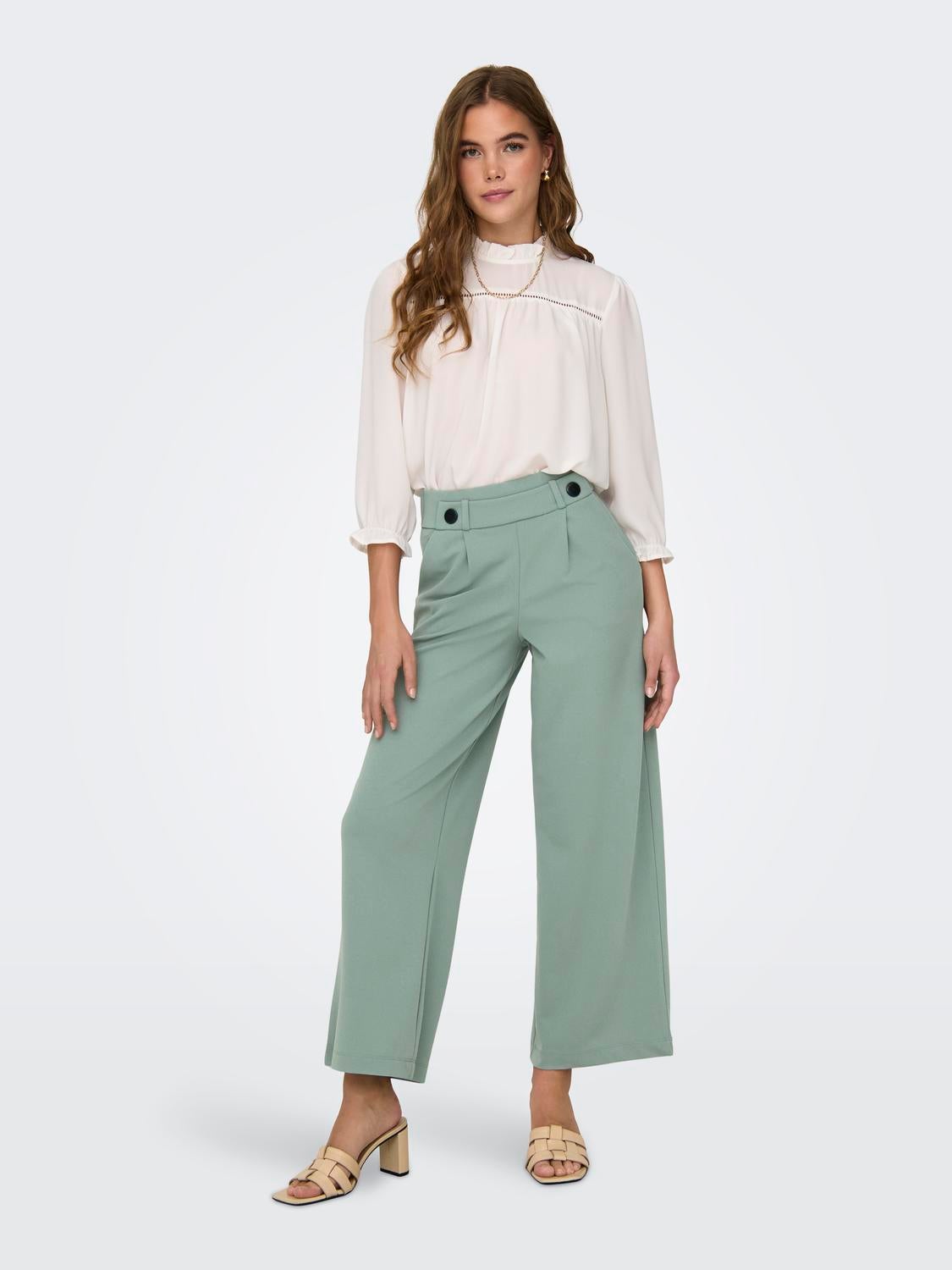 JDYGEGGO Mittlere Taille Weiter Beinschnitt Hose mit weitem Beinschnitt Chinois Green