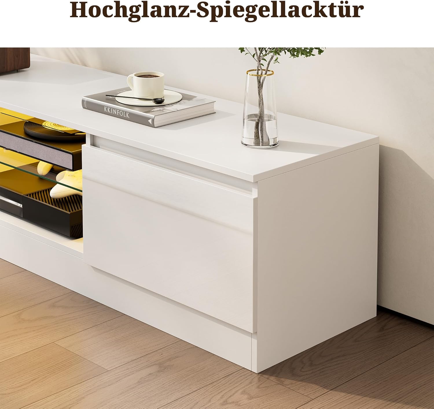 TV Schrank mit 16 Farben LED Beleuchtung und 2 Türen, 160 cm Lang, TV Board, Lowboard Stehend für Fernseher bis zu 70 Zoll, Fernsehtisch für Schlafzimmer, Wohnzimmer, Esszimmer (Weiß)