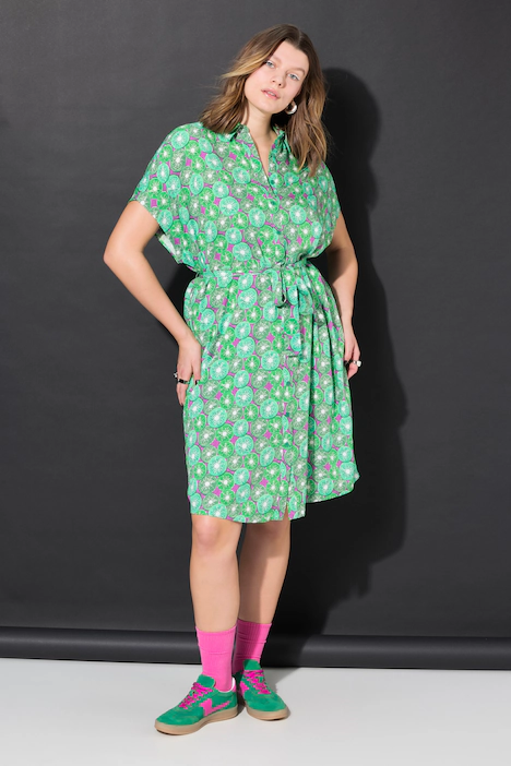 Hemdblusen-Midikleid, Fruits-Print, Bindegürtel, hellgrün