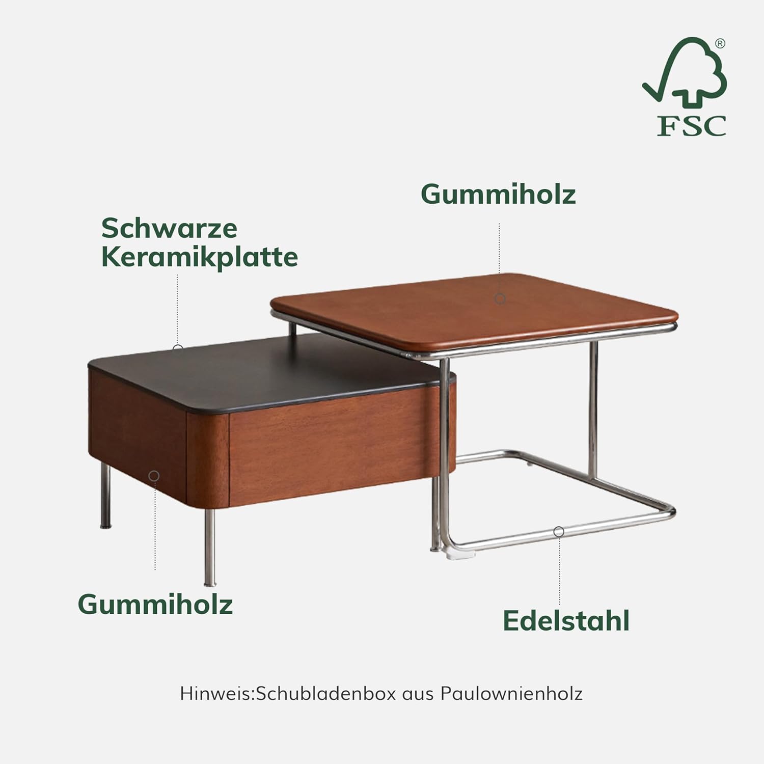 YESWOOD Massivholz Couchtisch 2 Set mit großem Stauraum, quadratischer Beistelltisch 2er Set, Kombinierbar, im Bauhaus-Stil, Tischplatte aus Keramik, für Wohnzimmer, Gummiholz in Teakholzfarbe