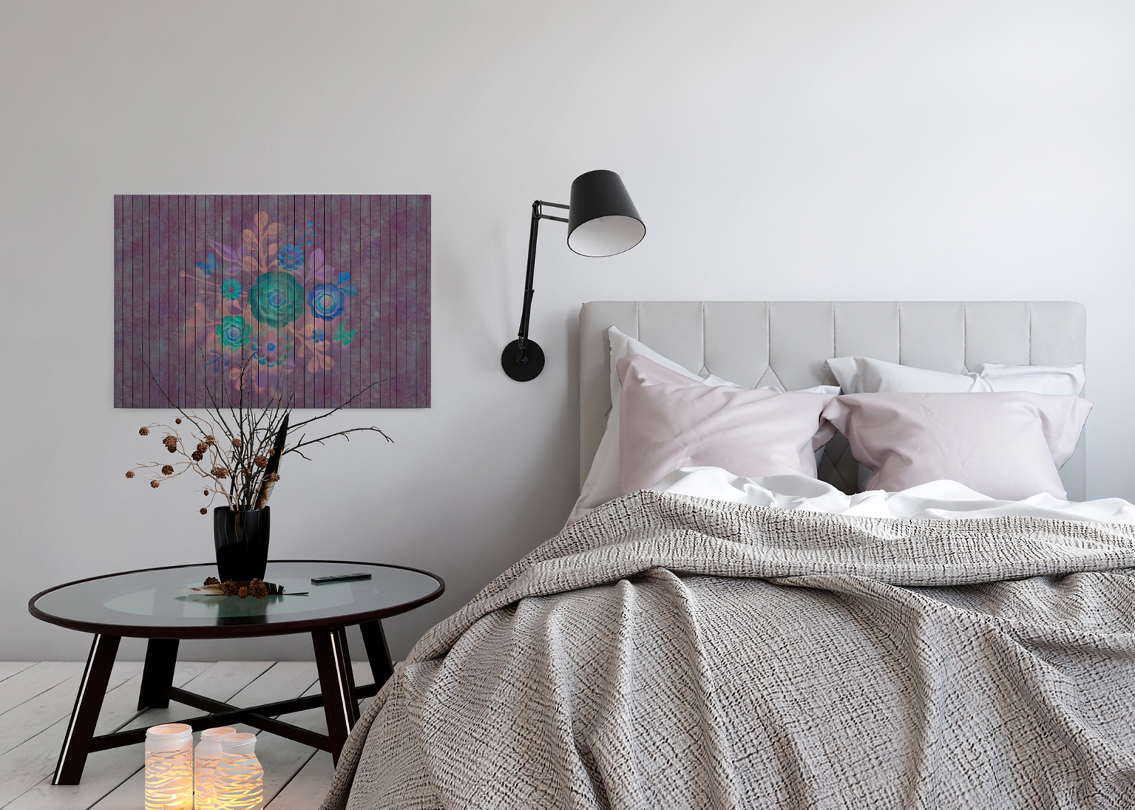 Leinwandbild BLUMEN AUF HOLZ- lila-blau - 90x60 cm