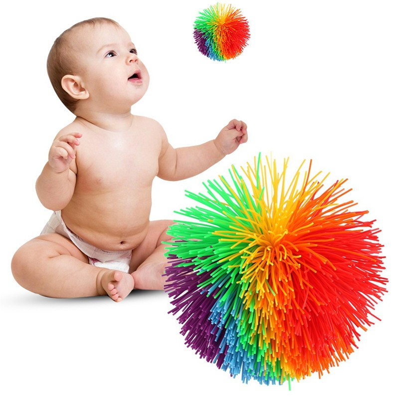 (Ø11cm) Busch-Wusch Anti Stress Silikon Ball Koosh PomPom Wuschelball - Regenbogen