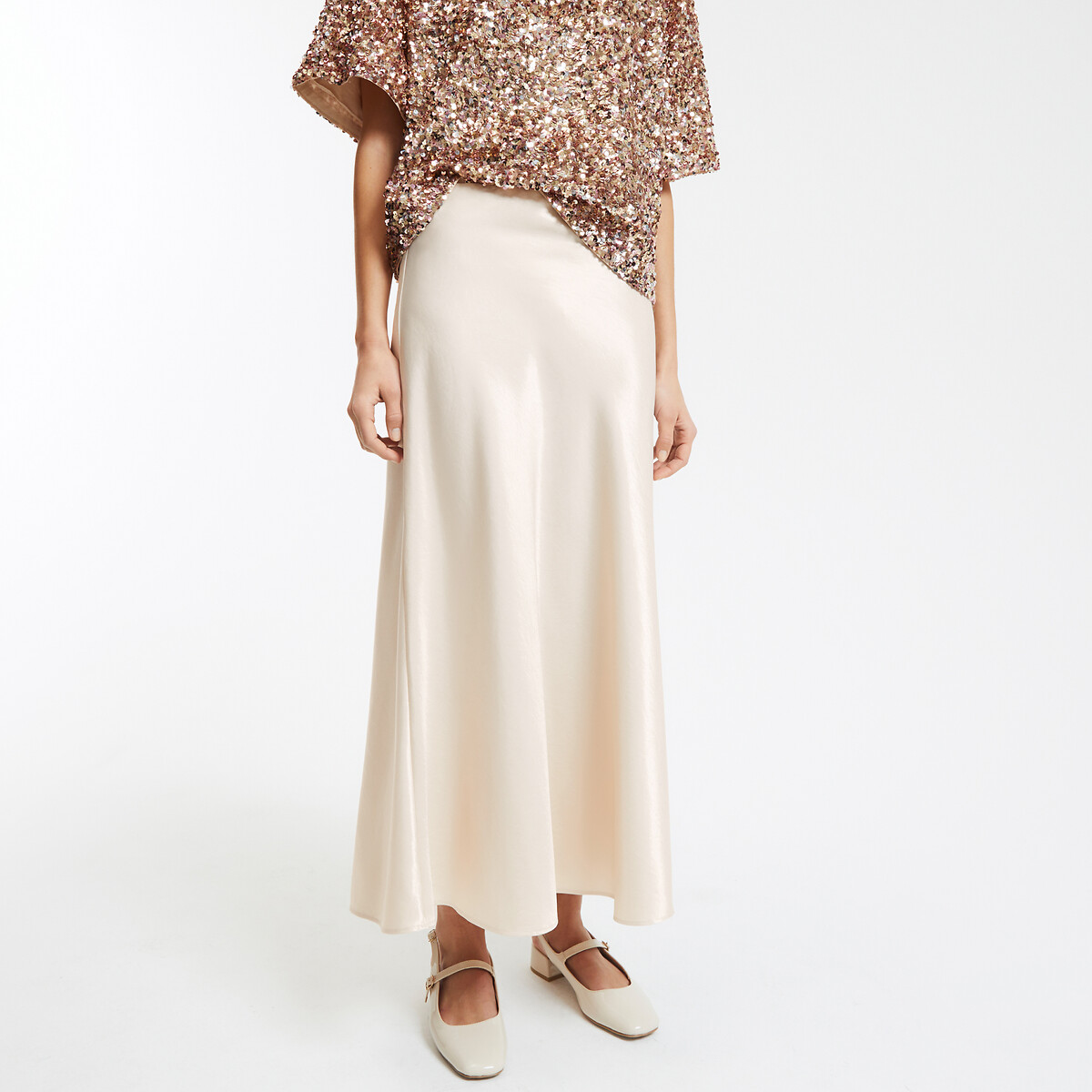 COLEÇÕES LA REDOUTE<br>Saia longa evasê em cetim iridescente, modelo Signature MARION