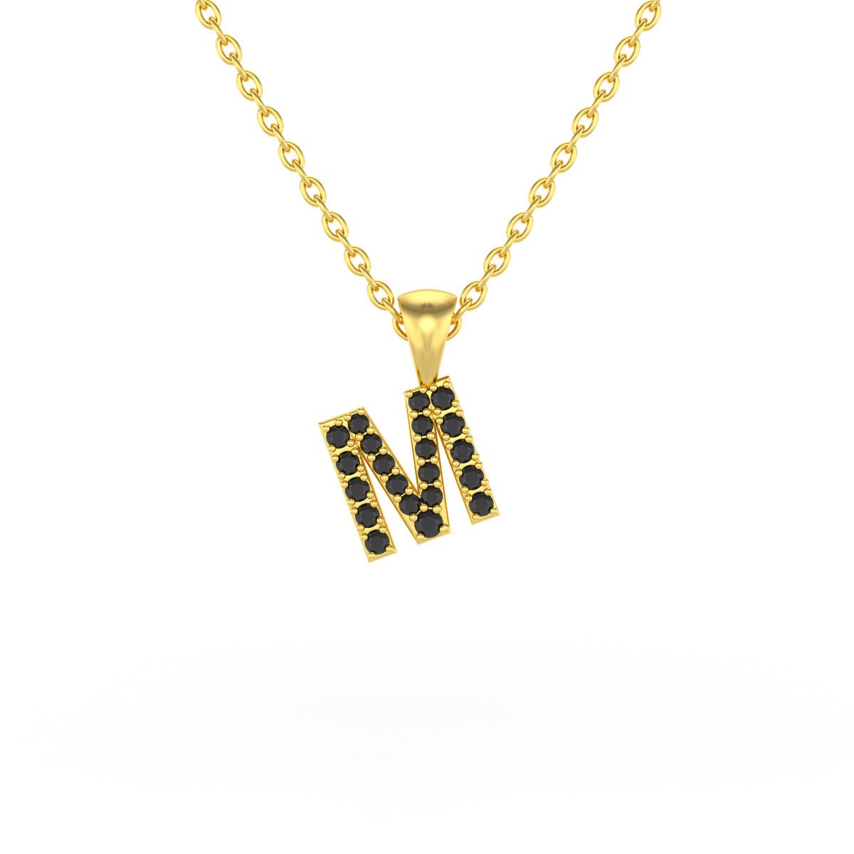 Collier Pendentif ADEN Lettre M Or 750 Jaune Diamant Noir Chaine Or 750 incluse 0.72grs