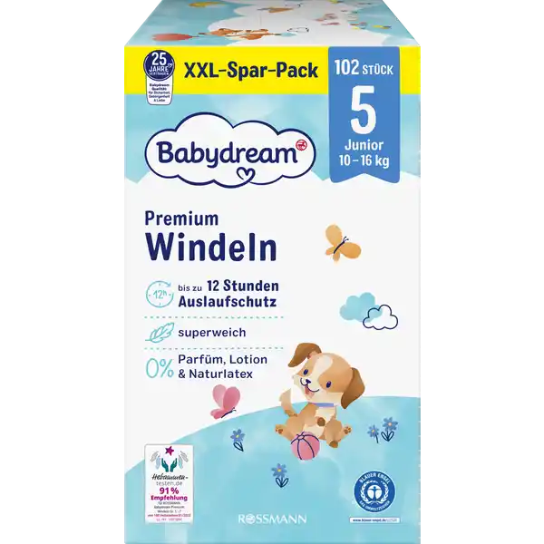 Premium Windel Größe 5 Junior, 102 Stück, 10-16 kg