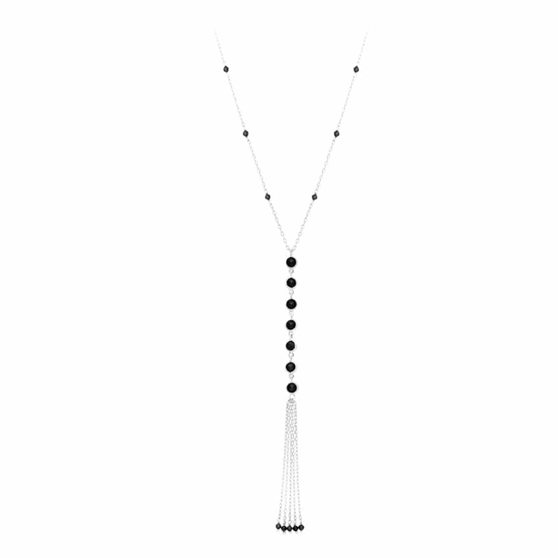 Collier Cravate Argent Rhodié Pompon Pierres Spinelle Noire