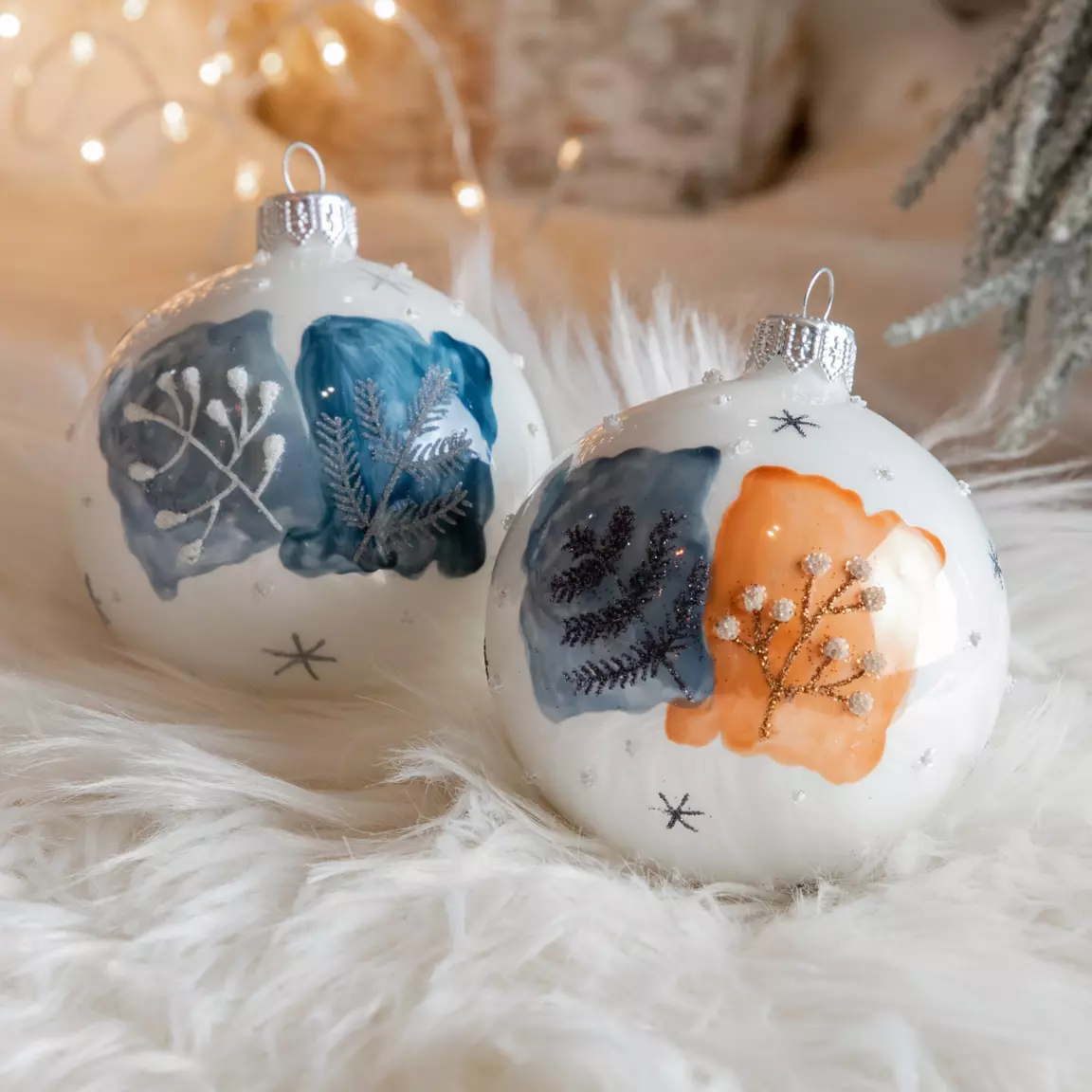 Lot de 6 boules de Noël (D80 mm) en verre Herbier Blanc