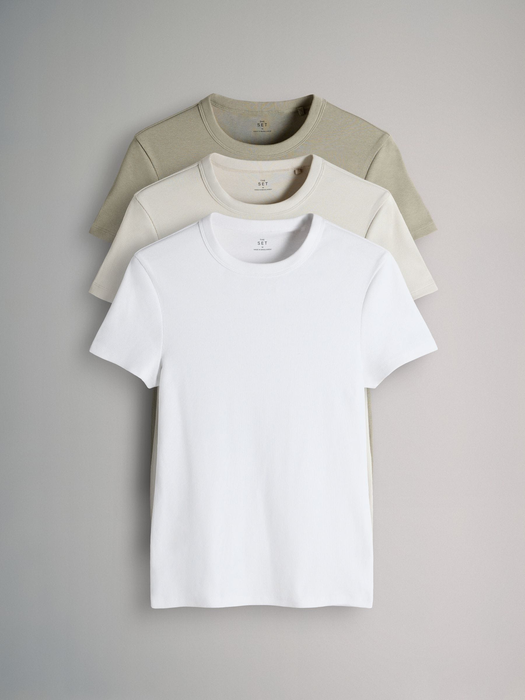 Licht kaki/warm kiezelkleurig/Wit - The Set 3 Pack Korte Mouw Geribd T-shirt