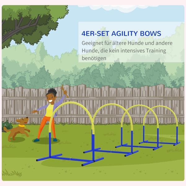 Dog Agility-sett på 4, 88 x 64 x 95 cm, med 4 buer, bæreveske, bærbar, for eldre eller veldig unge hunder, PE, ABS, gul