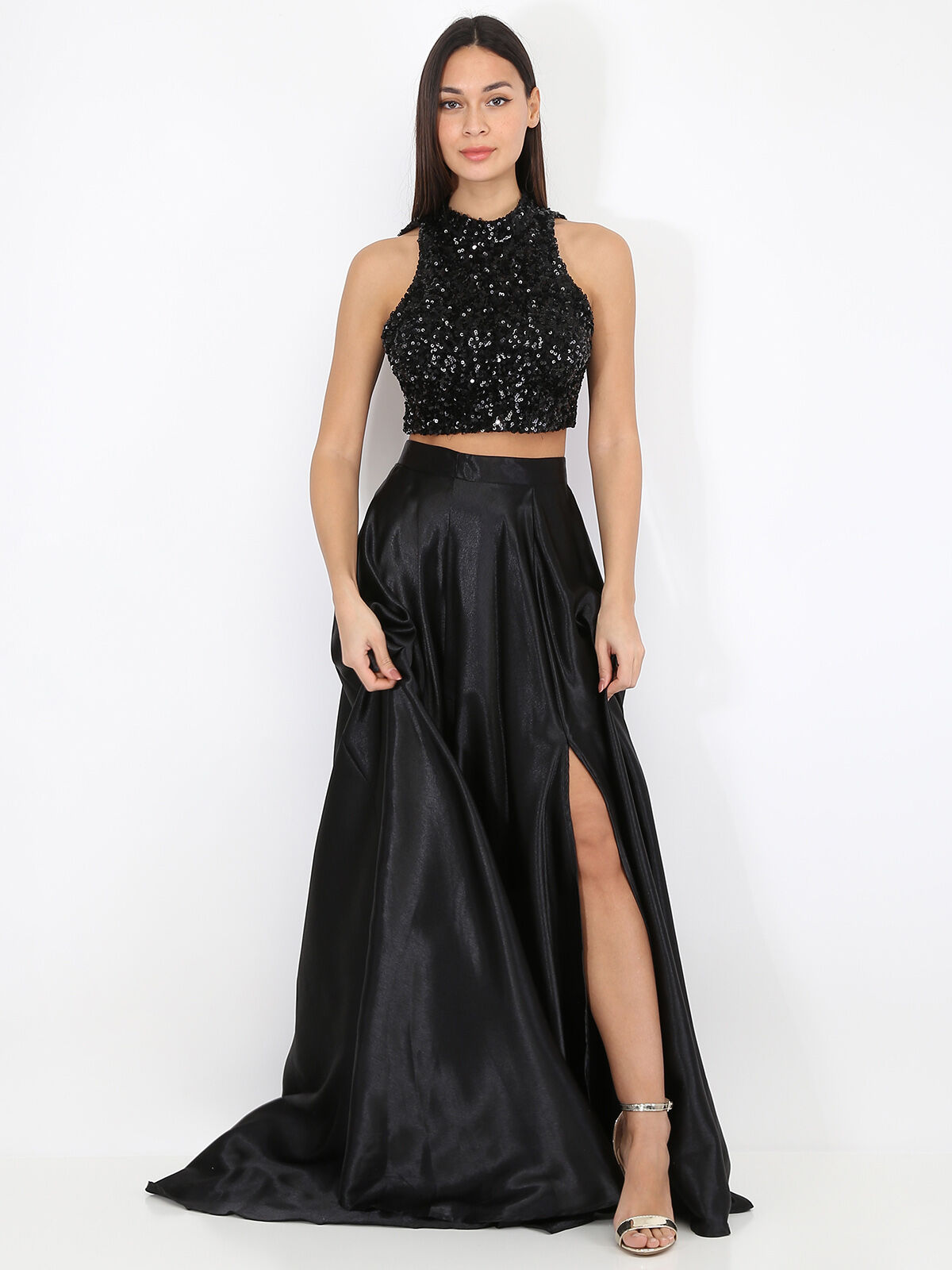 Jupe longue taille haute effet satiné- Noir