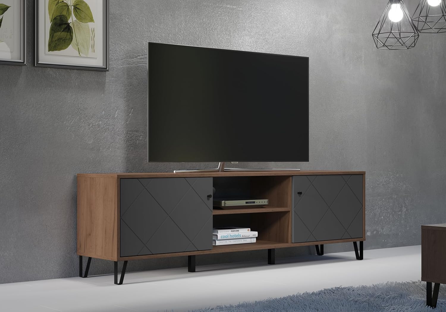 trendteam smart living - Montez - TV-Schrank - Grau/Eiche - TV-Unterschrank mit 2 Türen (für TV bis 65'') und 2 offenen Fächern - (BxHxT) 183 x 56 x 40 cm - Türfront mit Rautenoptik, Soft-Close