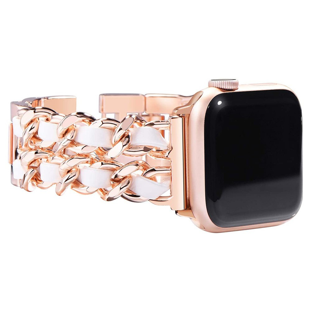 Apple Watch (49/46/45/44 mm) Edelstahl Armband mit Lederband - Roségold / Weiss
