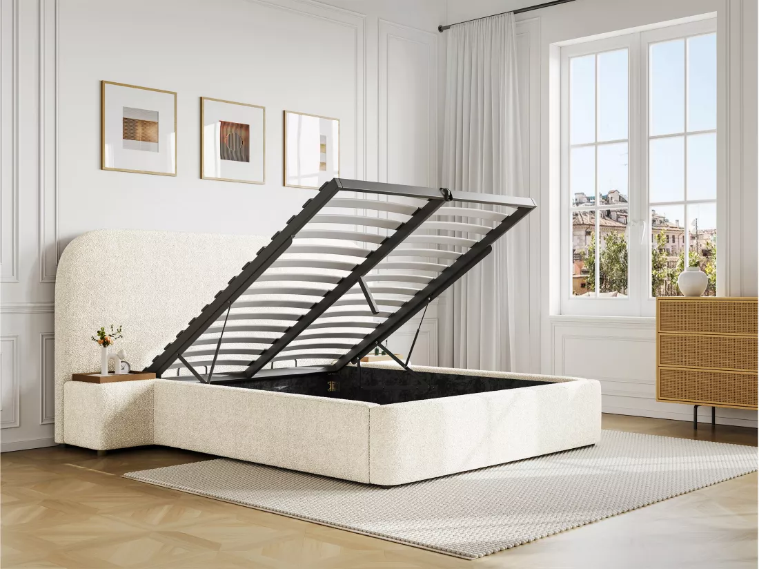 Lit coffre 140 x 200 cm avec chevets - Tissu bouclette - Blanc - ESTERIA de Maison Céphy