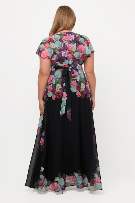 Maxikleid, Chiffon, Blüten, V-Ausschnitt, Halbarm