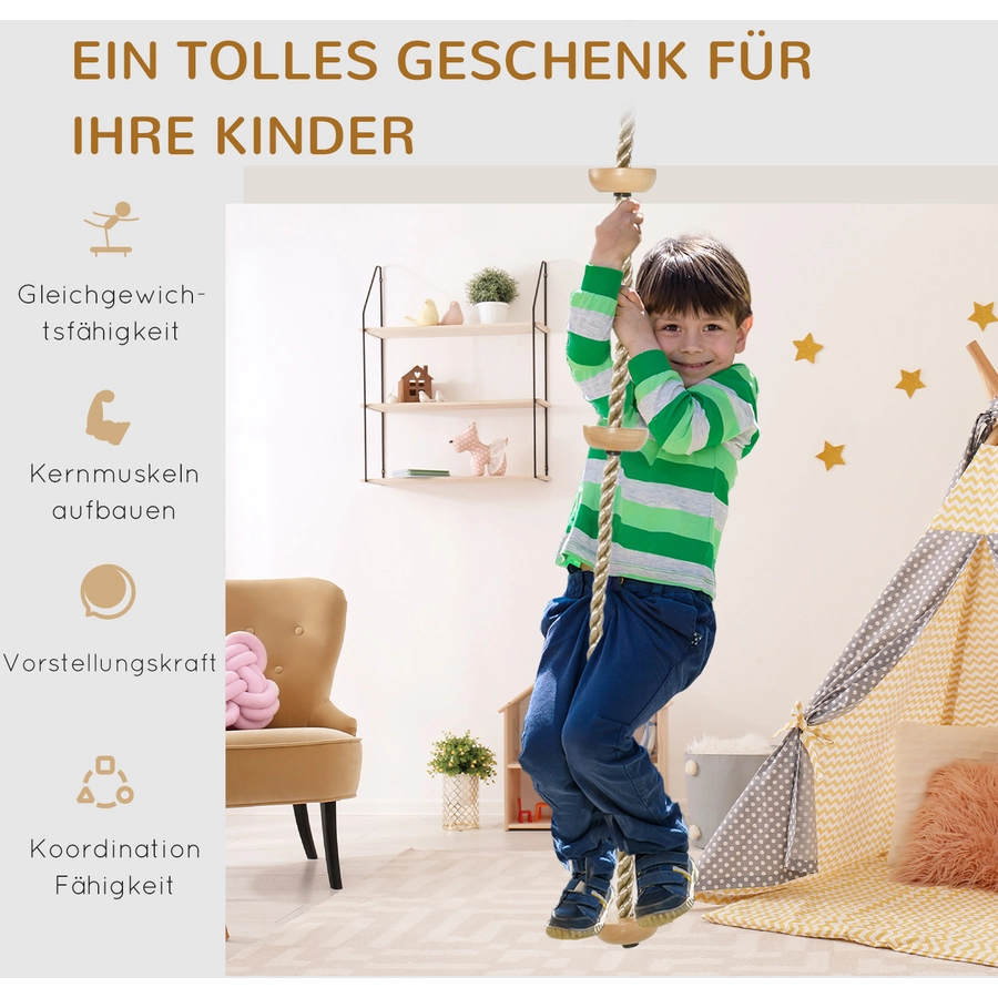 Outsunny Kinder Kletterseil mit kleinen Holzscheiben natur