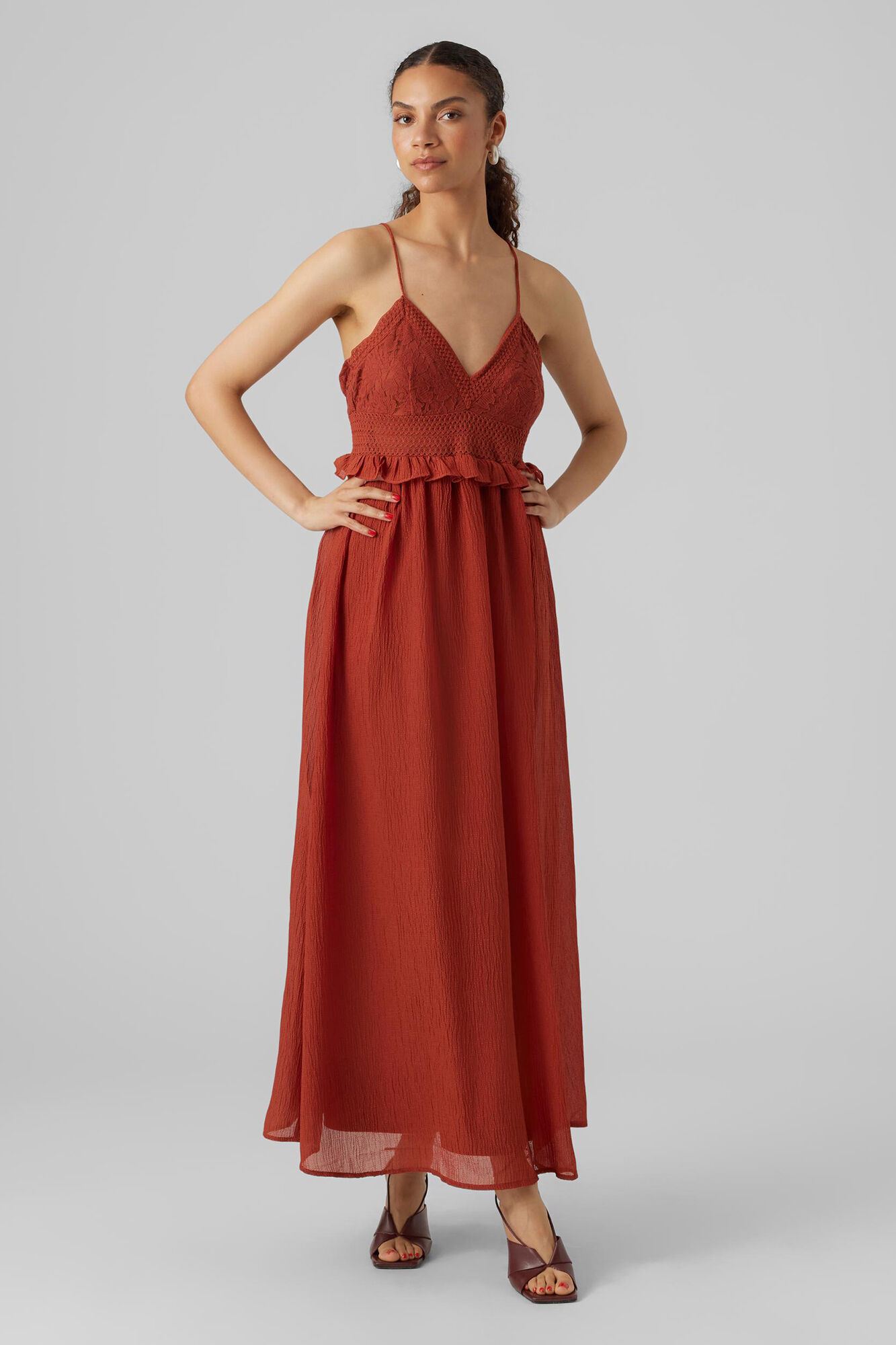 Vestido fluido de tecido com costas cruzadas - Vermelho