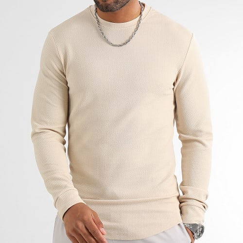 Lot De 2 Tee Shirt Manches Longues Texturé Waffle 0552 0554 Noir Beige Foncé