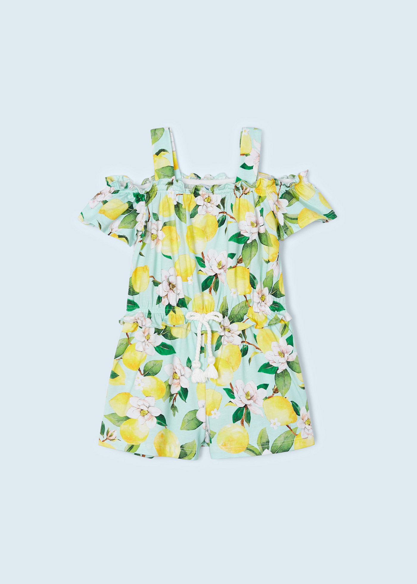 Macacão curto estampado para meninas, feito de algodão sustentável.