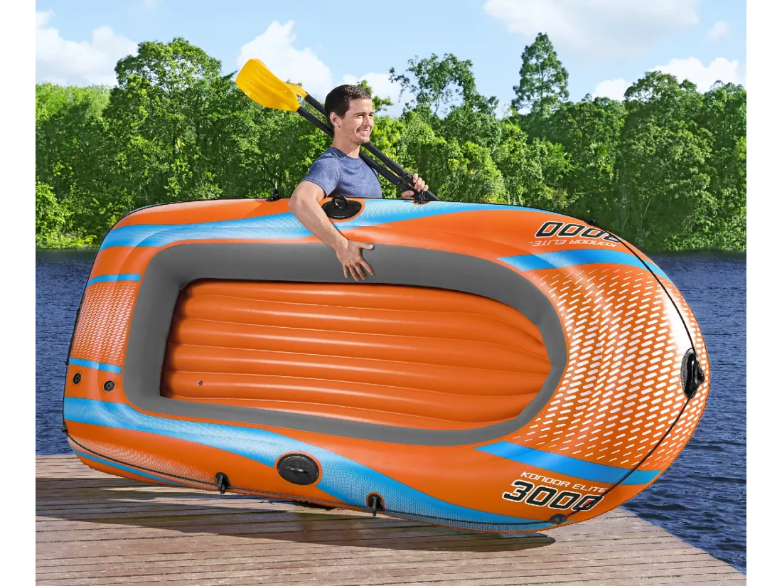 Bateau Gonflable pour 2 Adultes et 1 Enfant Bestway Kondor Elite 3000 Raft 246x122x45 cm avec 2 Rames et Gonfleur à Pied Inclus