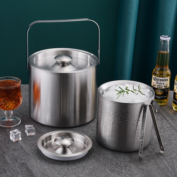 (3-tlg. Set) 1.3L Edelstahl Eiswürfel Behälter mit Deckel Eiskübel Getränke Kühler inkl. Zange   Wassersieb - Silber