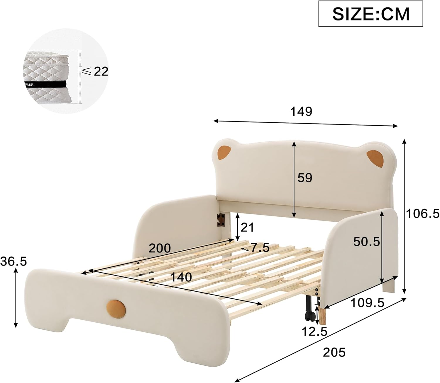 Soweiz Doppelbett in Bärenform, Polsterbett, Kinderbett, Tagesbett, Ausziehbett, mit weichen Schutzkanten, mit Holzlatten, Samt, Beige (140x110cm&140x200cm) (Beige (Ohne Matratze))