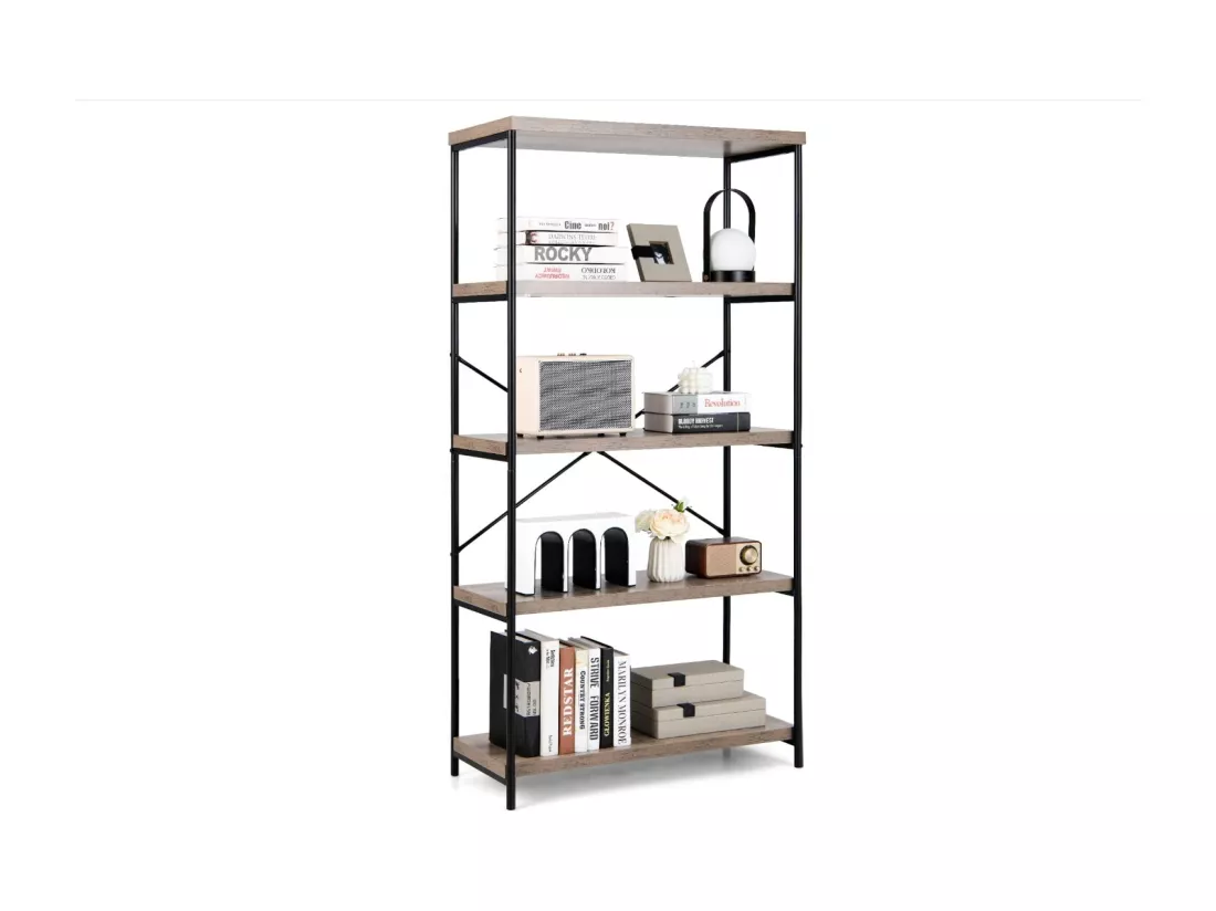 Bibliothèque Étagère à 5 Niveaux, Bibliothèque Industrielle en Bois avec Cadre en Métal, Dispositif Anti-Basculement (Gris)