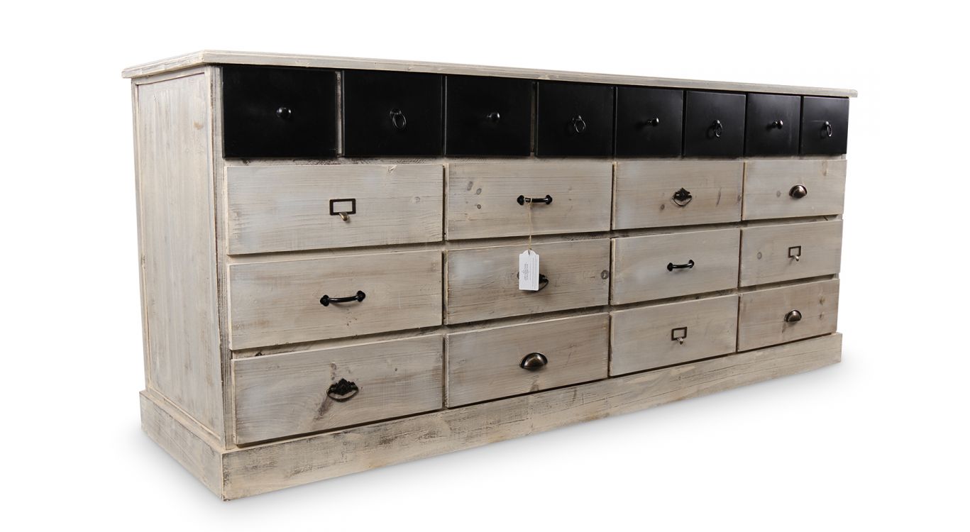 Bahut 20 tiroirs bois blanc cérusé 199x55x85cm