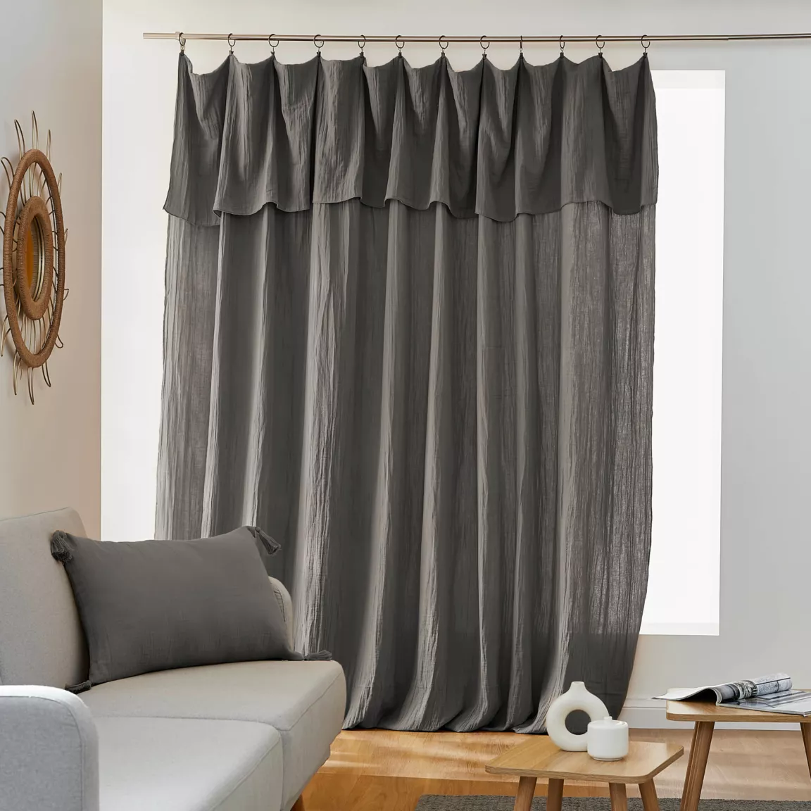 Rideau gaze de coton ajustable (280 x max 300 cm) Gaïa Gris granit