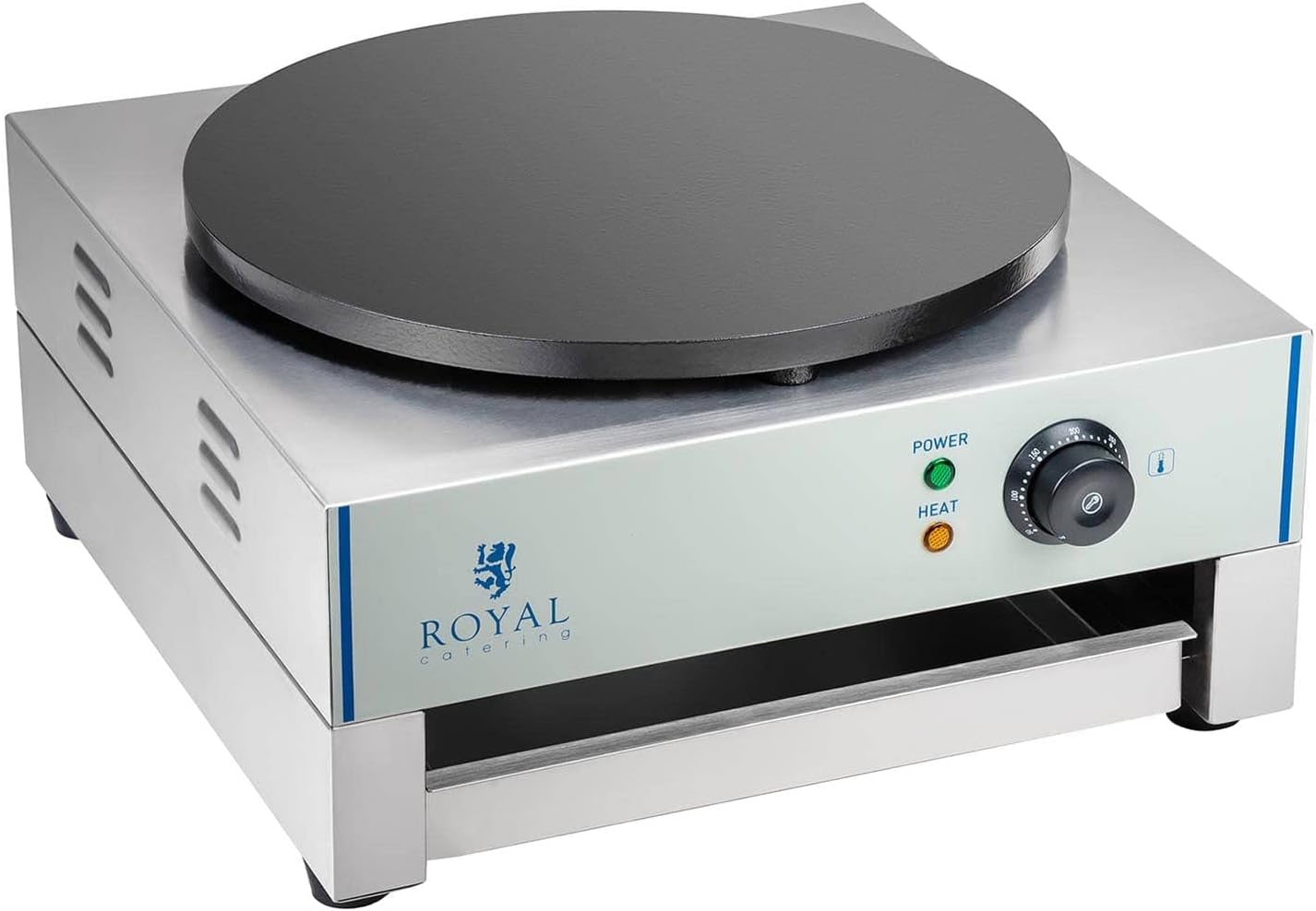 Royal Catering RCEC-3000-E Crepes Maker Crepeseisen (Ø 40 cm, 3.000 W, Gusseisen mit Emaillebeschichtung, Edelstahl, herausziehbares Fach + Teigverteiler)