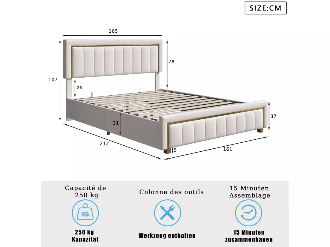 lit double rembourré 160 x 200,lit coffre avec sommier,lit adulte 160 x 200 avec levier hydraulique,velours,beige