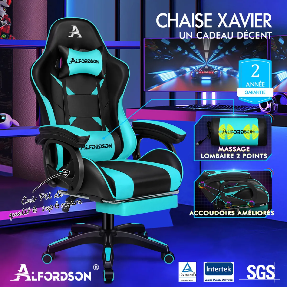 Alfordson Chaise Gaming avec Bureau Massage Cyan/Noir