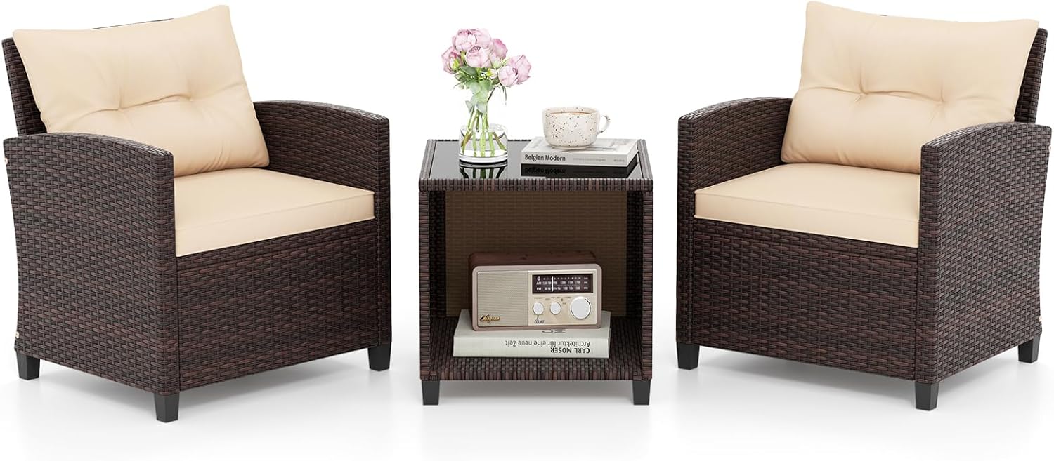 COSTWAY Gartenmöbel Set, Rattan Balkonmöbel inkl. 2 Stühle mit Sitzkissen & Tisch, Gartenlounge Outdoor, Sitzgruppe Set, 3-TLG. Terrassenmöbel Wetterfest für Balkon, Terrasse, Garten, Braun
