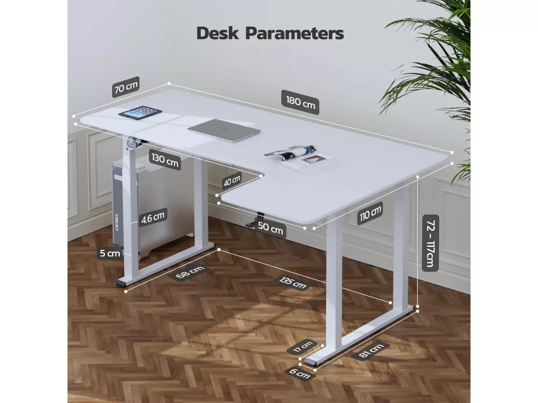 Bureau Assis Debout électrique réglable en hauteur,Bureau en L à 2 moteurs,Bureau d’angle,Panneau,Super stabilité,180x110x72-117cm,Moderne,Blanc
