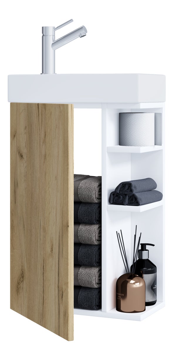 2-delige wastafelmeubel, badkamermeubel Lumia, wit/honing eiken