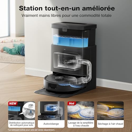 ECOVACS N30 Pro Omni Robot Aspirateur Laveur avec Station, Aspirateur Robot 10000Pa, Nettoyage à l'eau Chaude et séchage, Brosse ZeroTangle 2.0, Levage des Patins de 9mm, Vidage Automatique, Noir : Cuisine et Maison