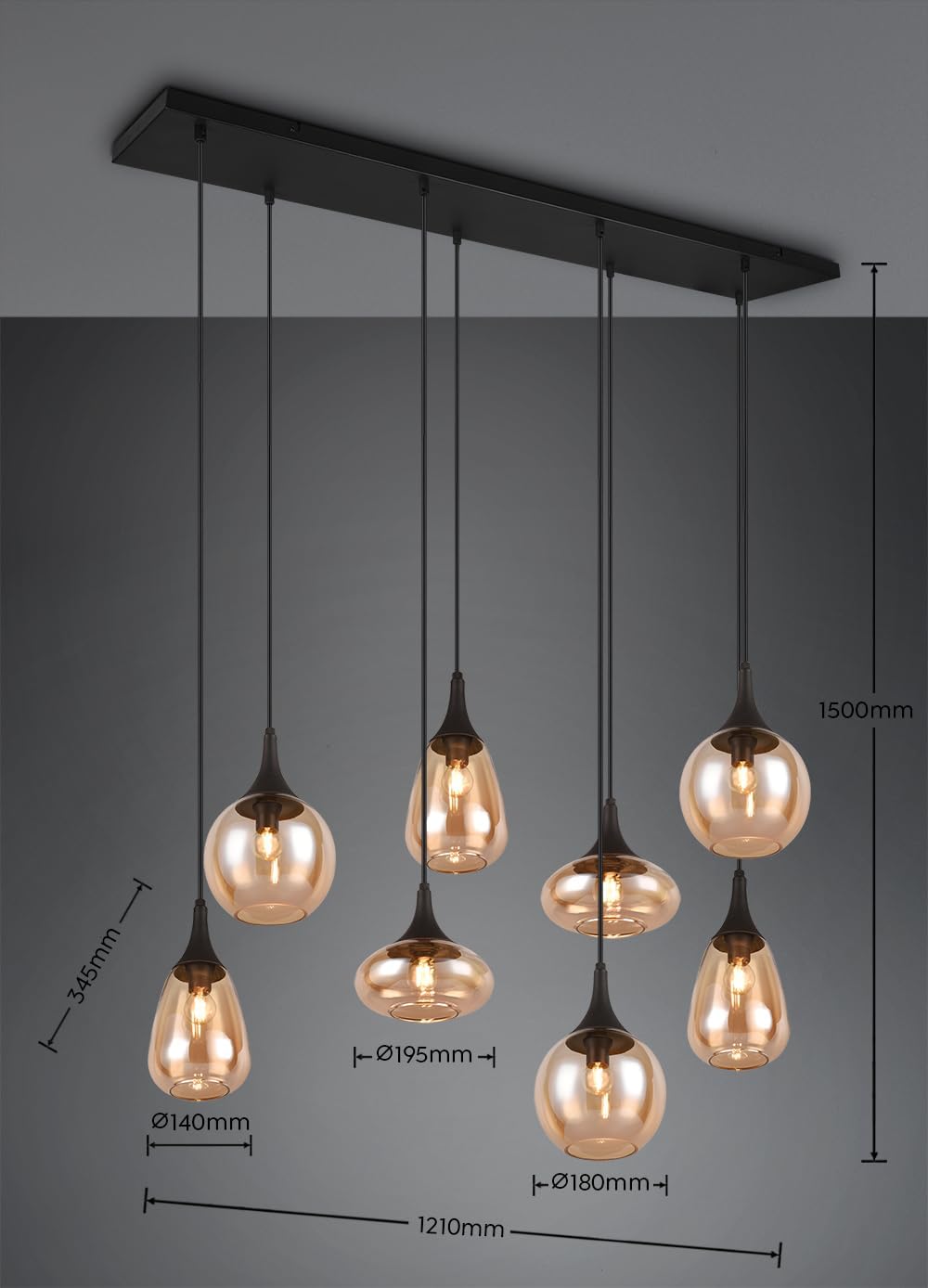 Trio Leuchten Pendelleuchte Lumina 317000813, Metall Schwarz matt, Glas amber, exkl. 8x E14