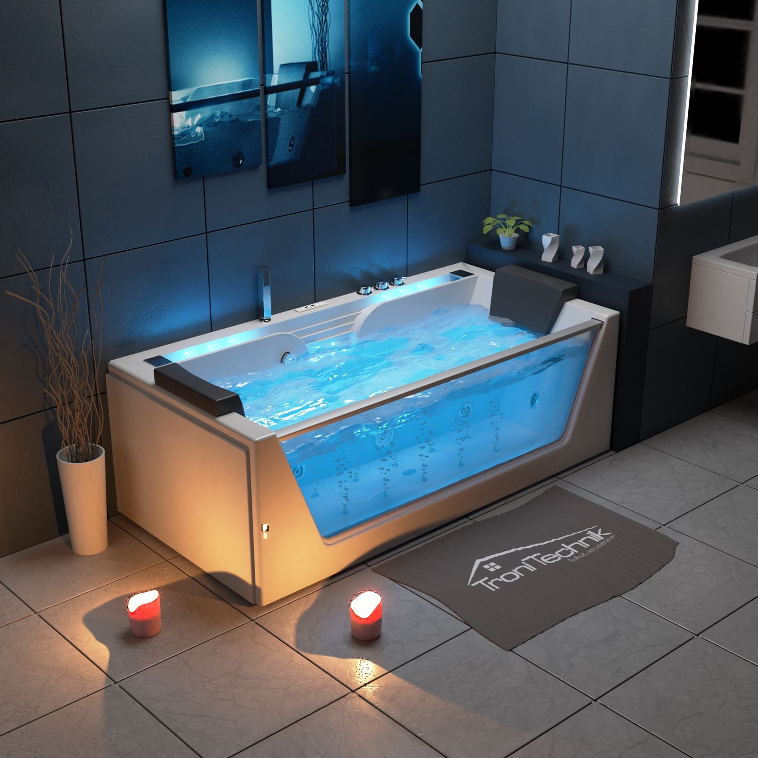 TroniTechnik® Whirlpool Badewanne KOS 2 179cm x 85cm mit Heizung, Hydromassage, Bachlauf und Farblichtherapie, Sanitäracryl